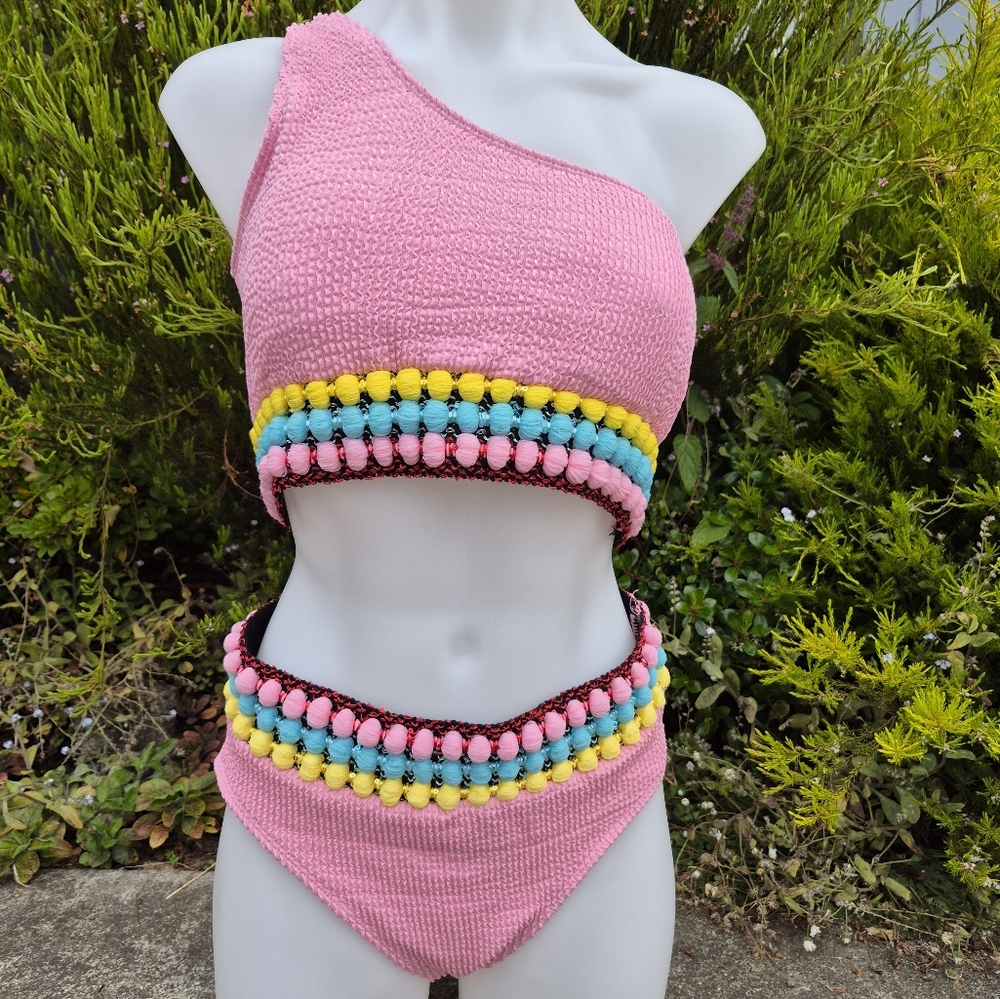 5/$20 Retro Style Pink One-Shoulder Bikini with Colorful PomPom Trim Size L